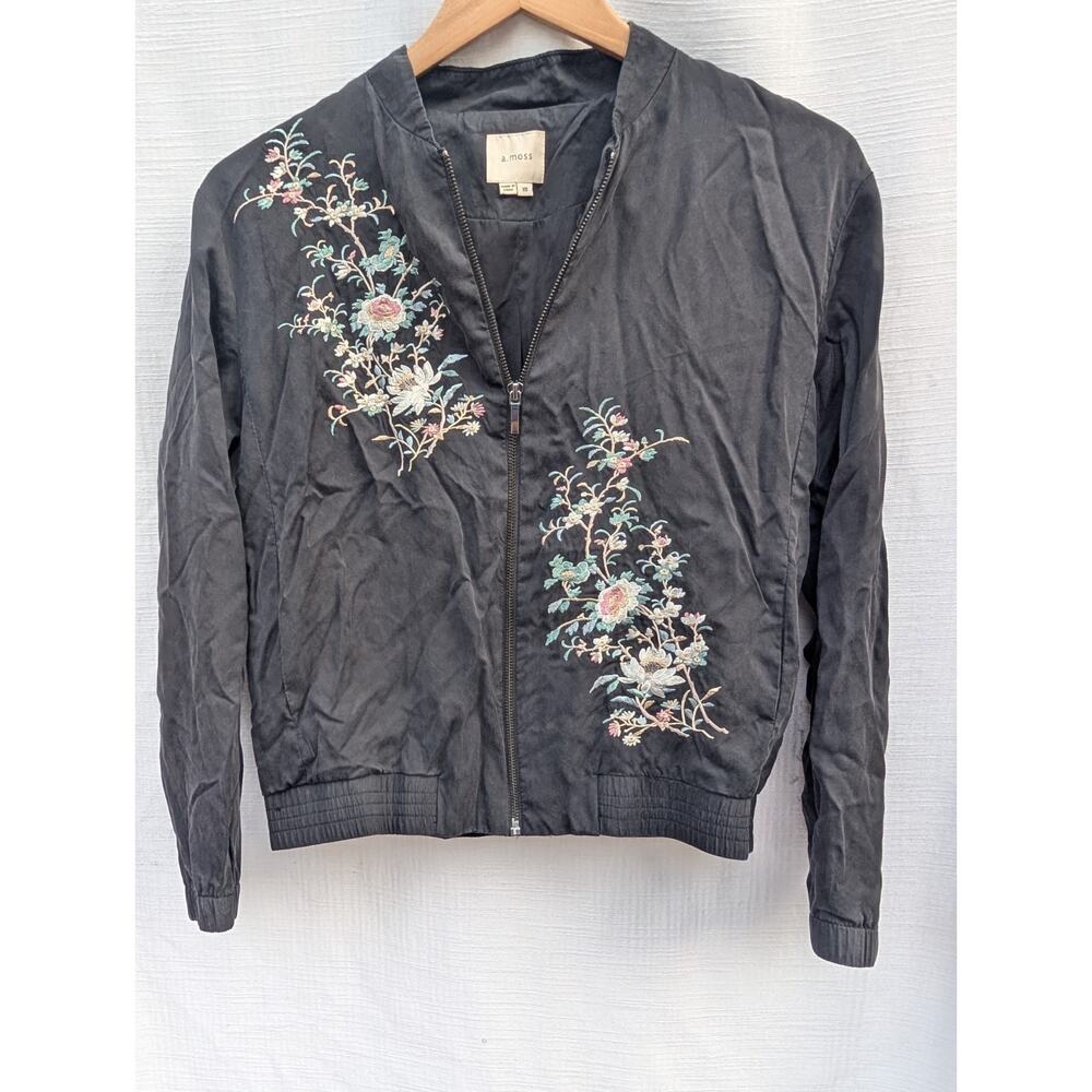 A Moss Womens Full Zip Floral‎ Embroidered Bomber Jacket XS Black Lyocell Blend